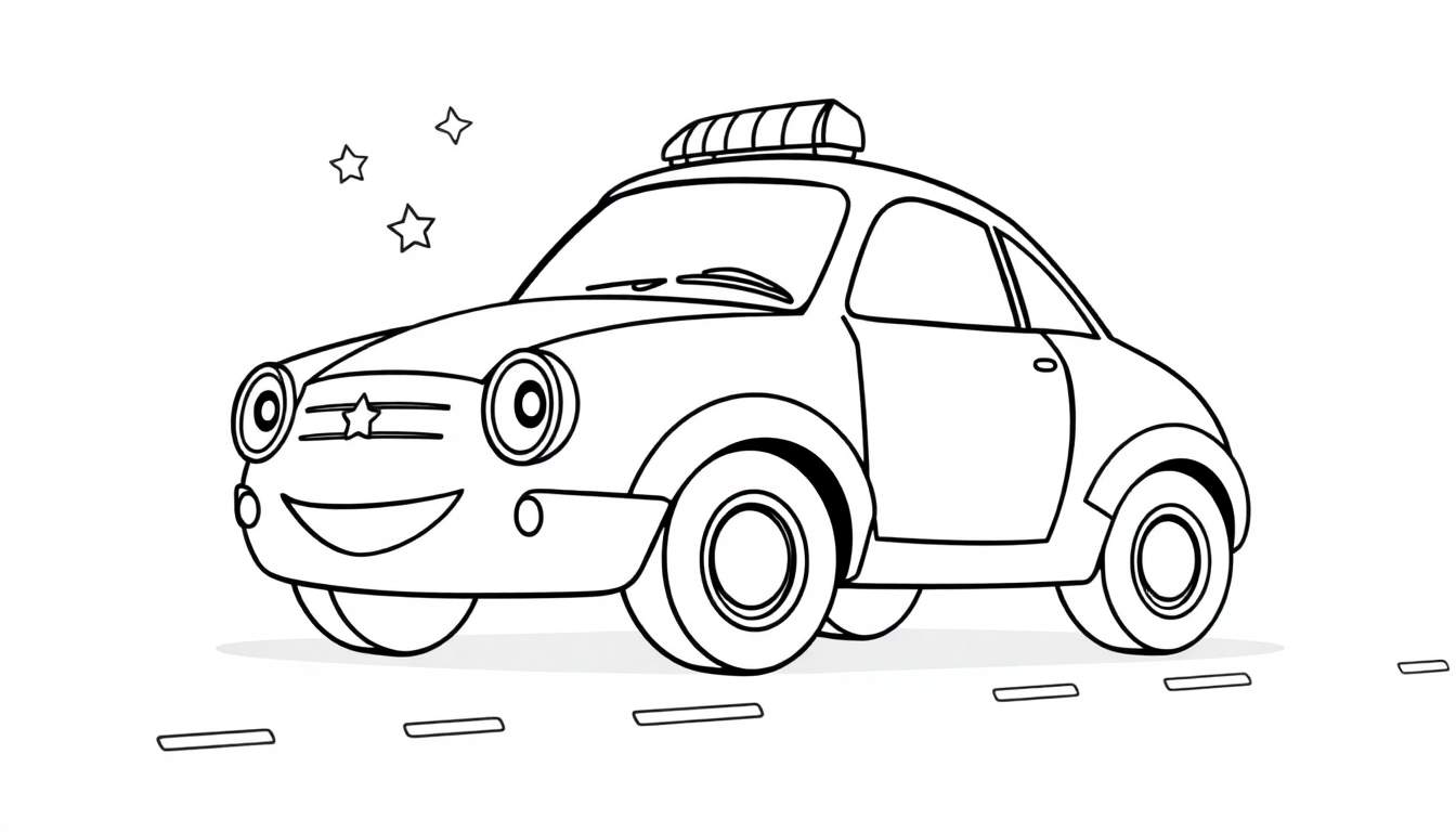 Un coche de policía feliz para colorear con una placa de color imaginaria.