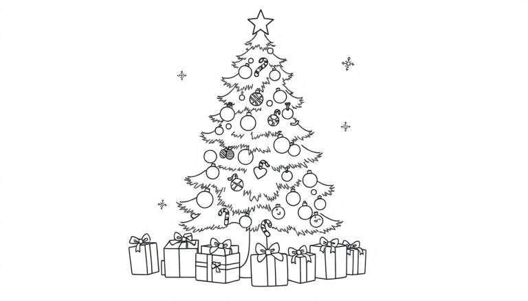 Placa de color de un árbol de Navidad lineal con adornos y regalos.