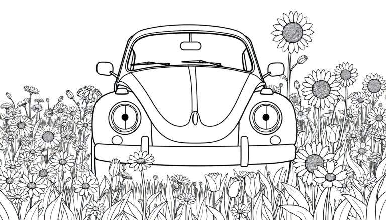 Un coche Volkswagen Escarabajo clásico en blanco y negro rodeado de flores, listo para que le añadan color a la placa.
