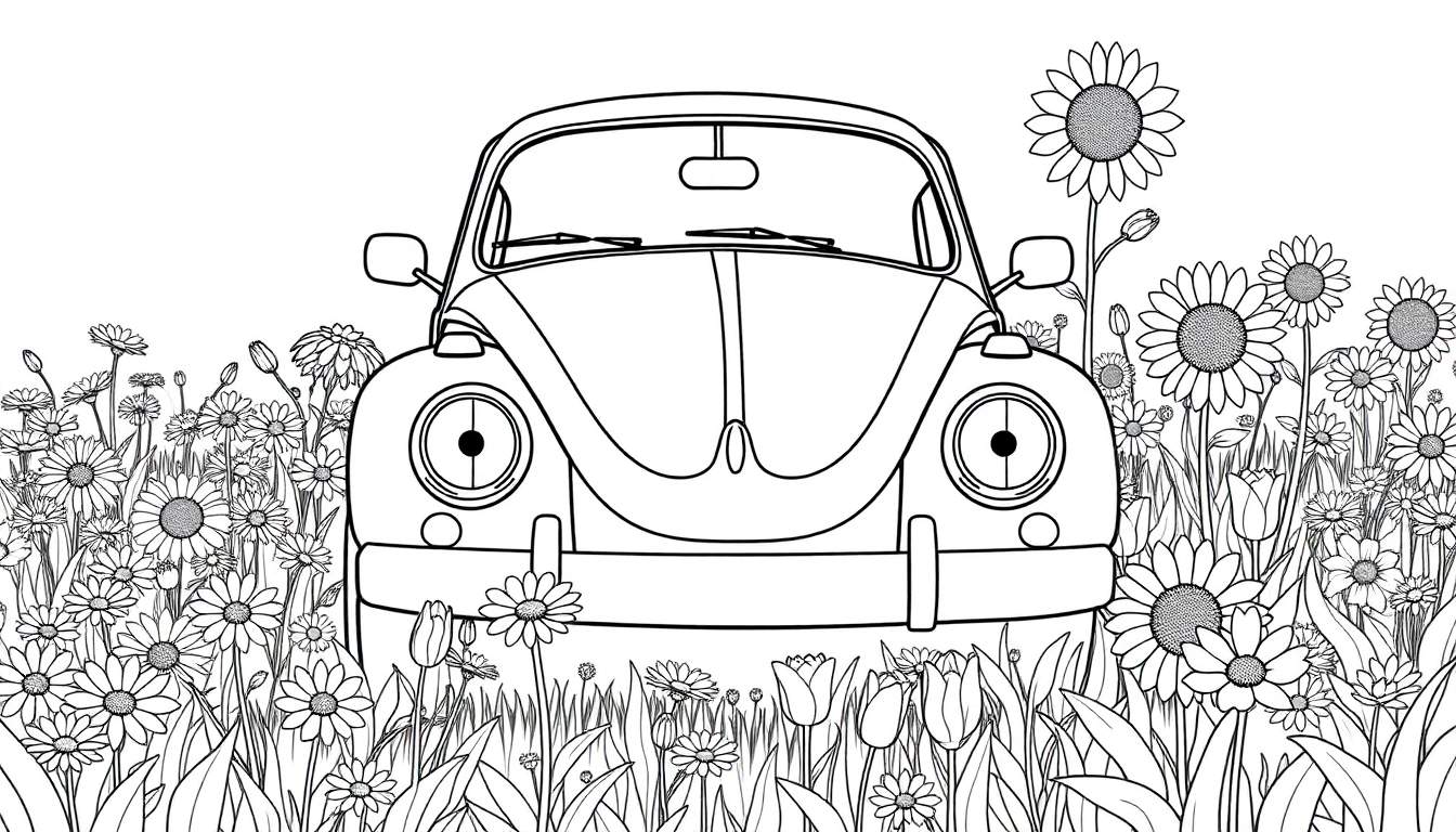 Un coche Volkswagen Escarabajo clásico en blanco y negro rodeado de flores, listo para que le añadan color a la placa.