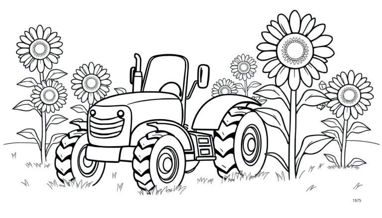 Un tractor para colorear en un campo de girasoles, mostrando una placa de color vibrante en su diseño.
