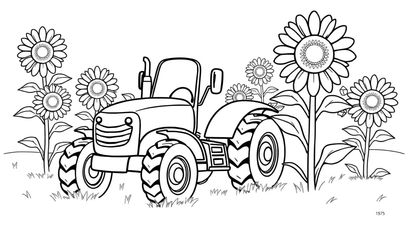 Un tractor para colorear en un campo de girasoles, mostrando una placa de color vibrante en su diseño.
