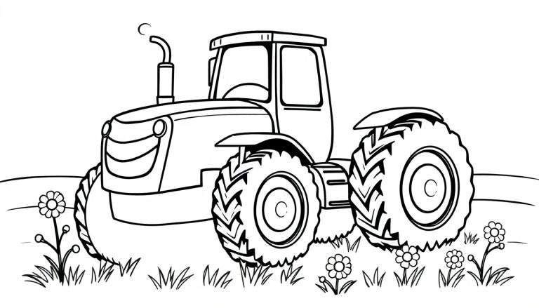 Un tractor amigable en un campo, listo para ser coloreado con su placa de color, con líneas divertidas para pintar.