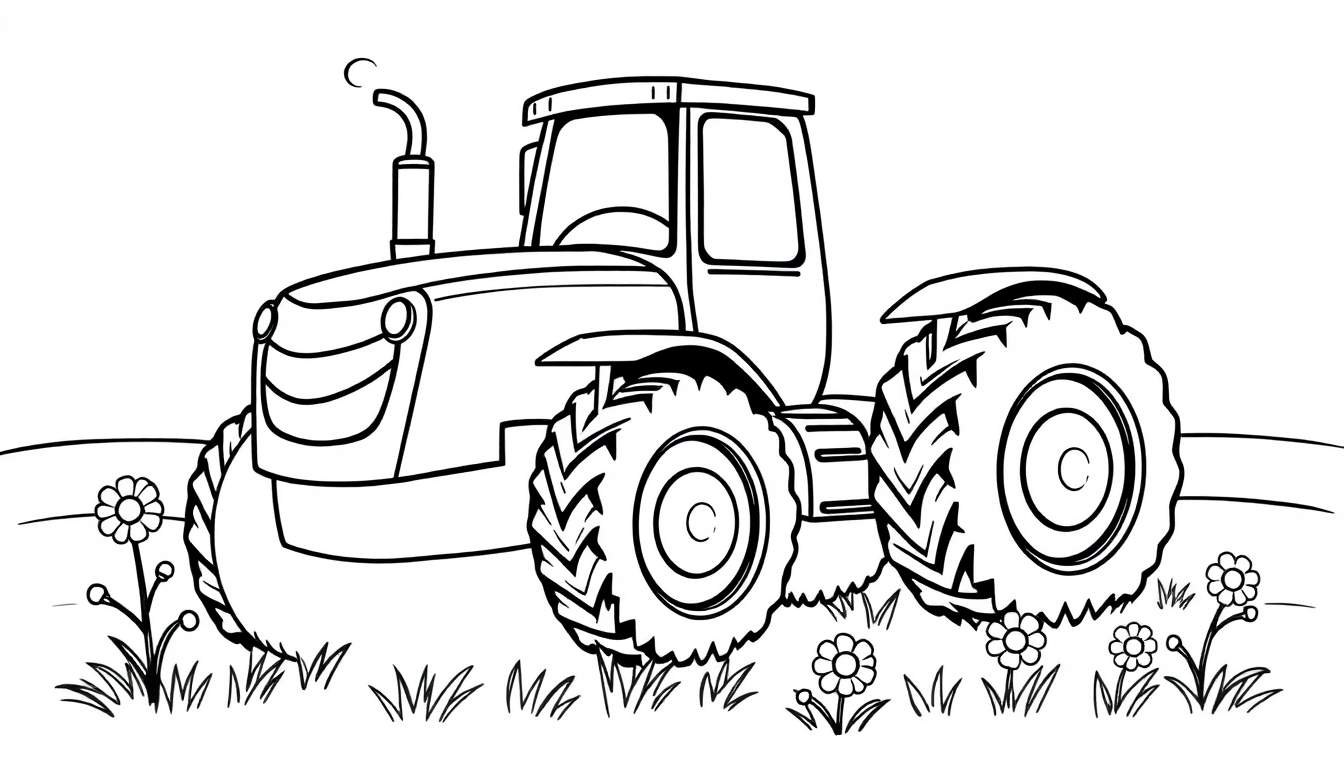 Un tractor amigable en un campo, listo para ser coloreado con su placa de color, con líneas divertidas para pintar.