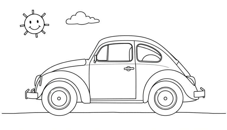 Un dibujo de un Volkswagen Beetle clásico con líneas gruesas, listo para colorear, con un sol sonriente y una nube.