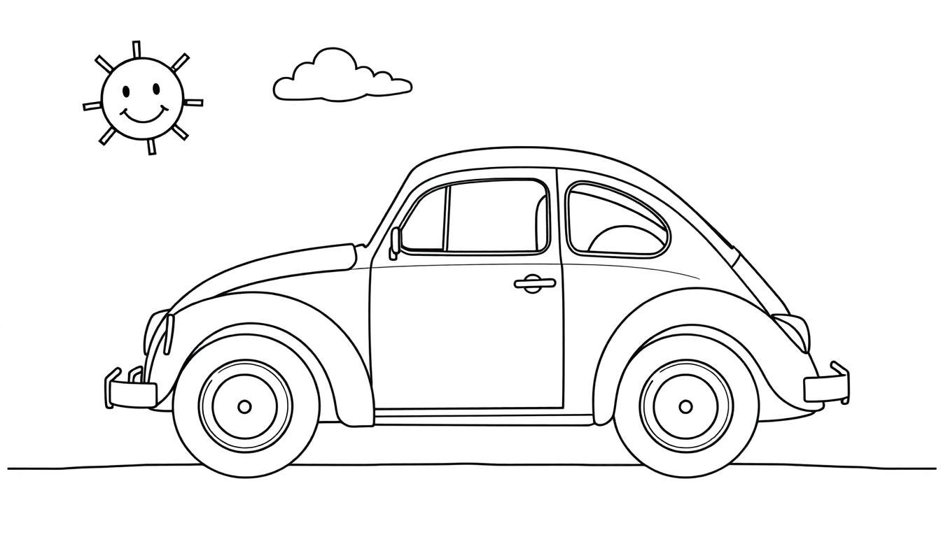 Un dibujo de un Volkswagen Beetle clásico con líneas gruesas, listo para colorear, con un sol sonriente y una nube.