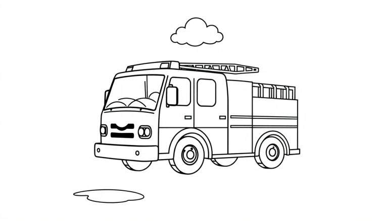 Un camión de bomberos caricaturesco en blanco y negro para colorear, listo para la acción, con una nube flotando y un charco debajo.