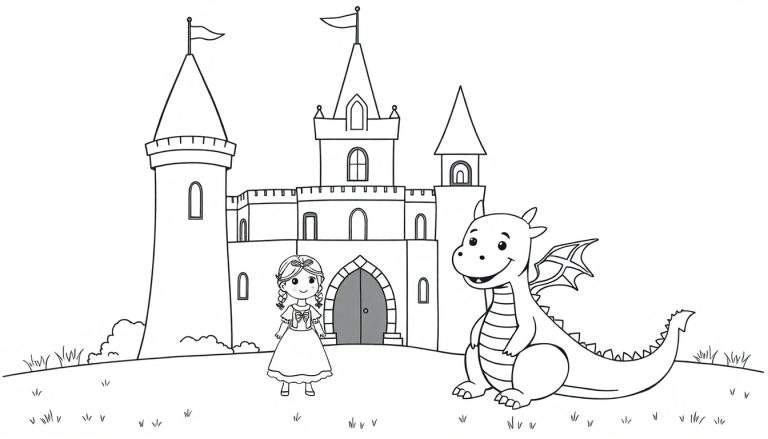 Página para colorear en blanco y negro de un castillo de cuento de hadas, una princesa sonriente y un dragón amigable, listos para ser coloreados con una placa de color.