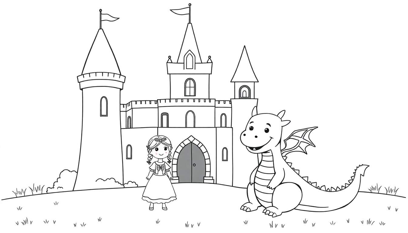 Página para colorear en blanco y negro de un castillo de cuento de hadas, una princesa sonriente y un dragón amigable, listos para ser coloreados con una placa de color.
