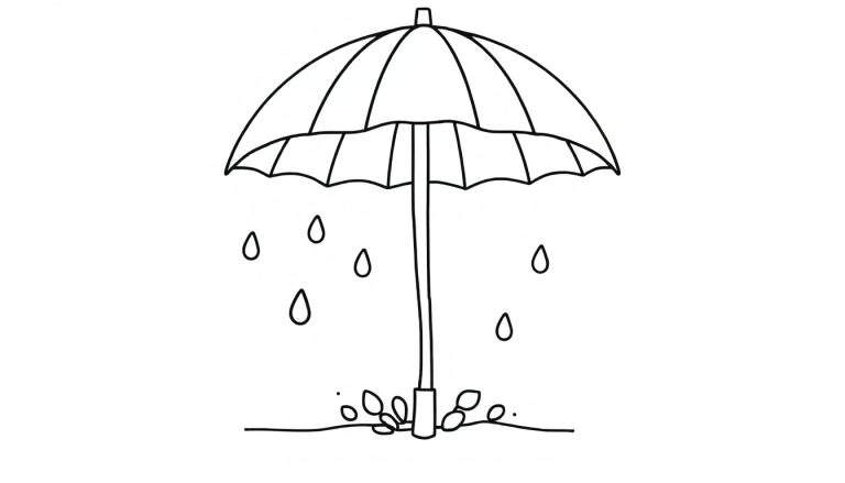 Placa de color de un paraguas sonriente bajo la lluvia con gotas de agua.