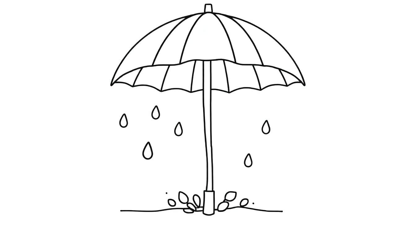 Placa de color de un paraguas sonriente bajo la lluvia con gotas de agua.