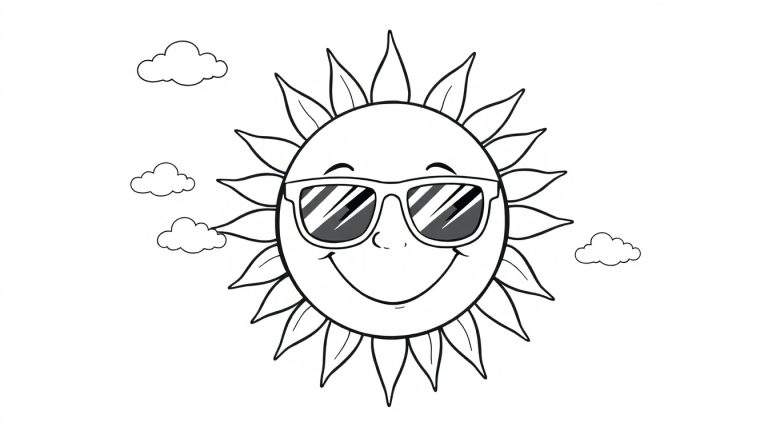 Página para colorear de un sol sonriente con gafas de sol, una placa de color para colorear.