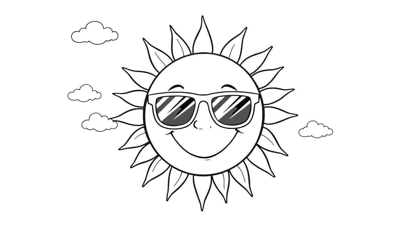 Página para colorear de un sol sonriente con gafas de sol, una placa de color para colorear.