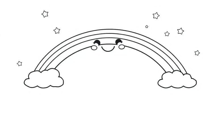Una placa de color de un arcoíris sonriente con nubes y estrellas.