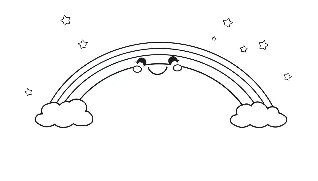 Una placa de color de un arcoíris sonriente con nubes y estrellas.