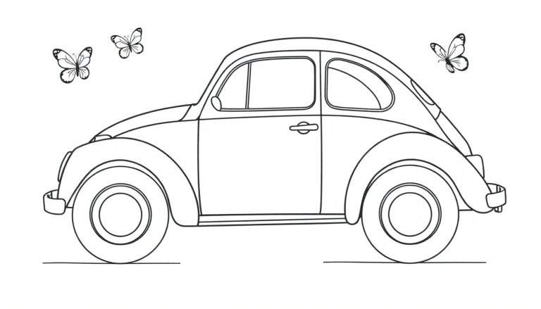 Un dibujo de un Volkswagen escarabajo clásico listo para colorear, con tres mariposas revoloteando cerca, todo en una placa de color para pintar.