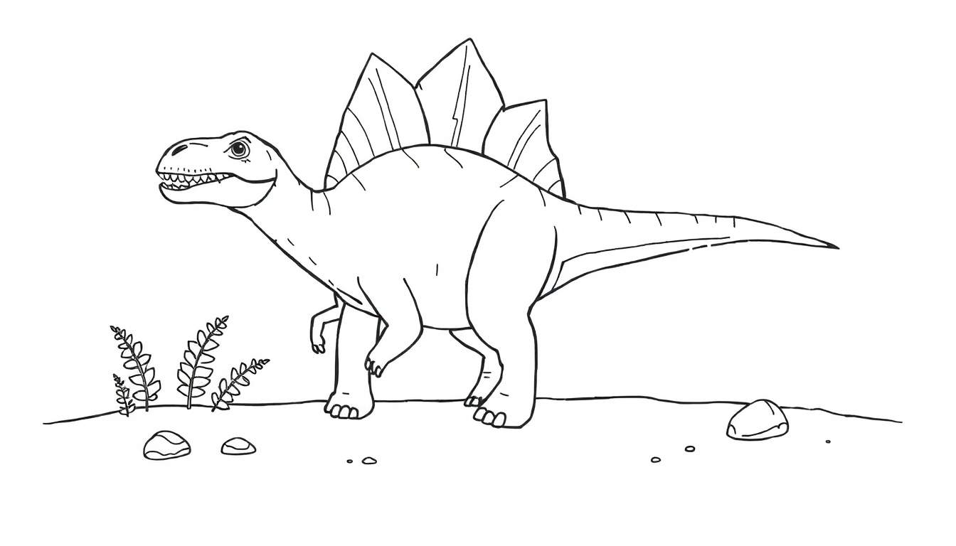 Un dibujo lineal sencillo de un estegosaurio listo para colorear, con sus placas dorsales y cola puntiaguda visibles.