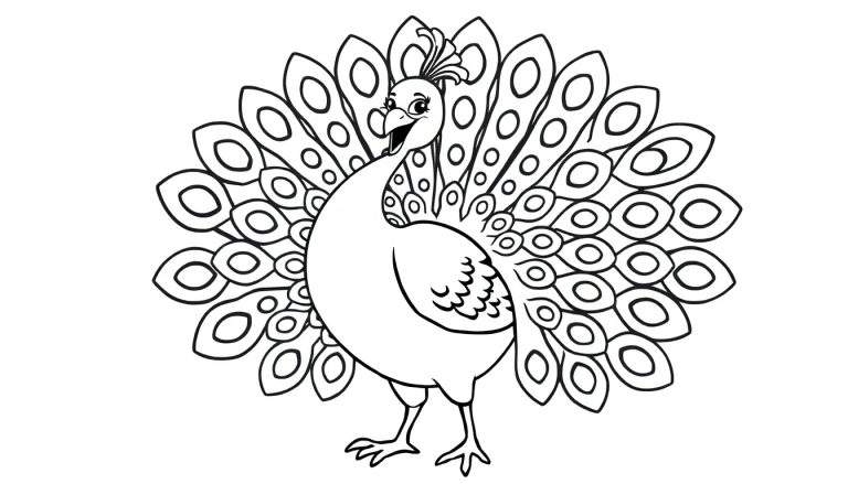 Pavo real sonriente con plumas extendidas, listo para colorear en una placa de color.