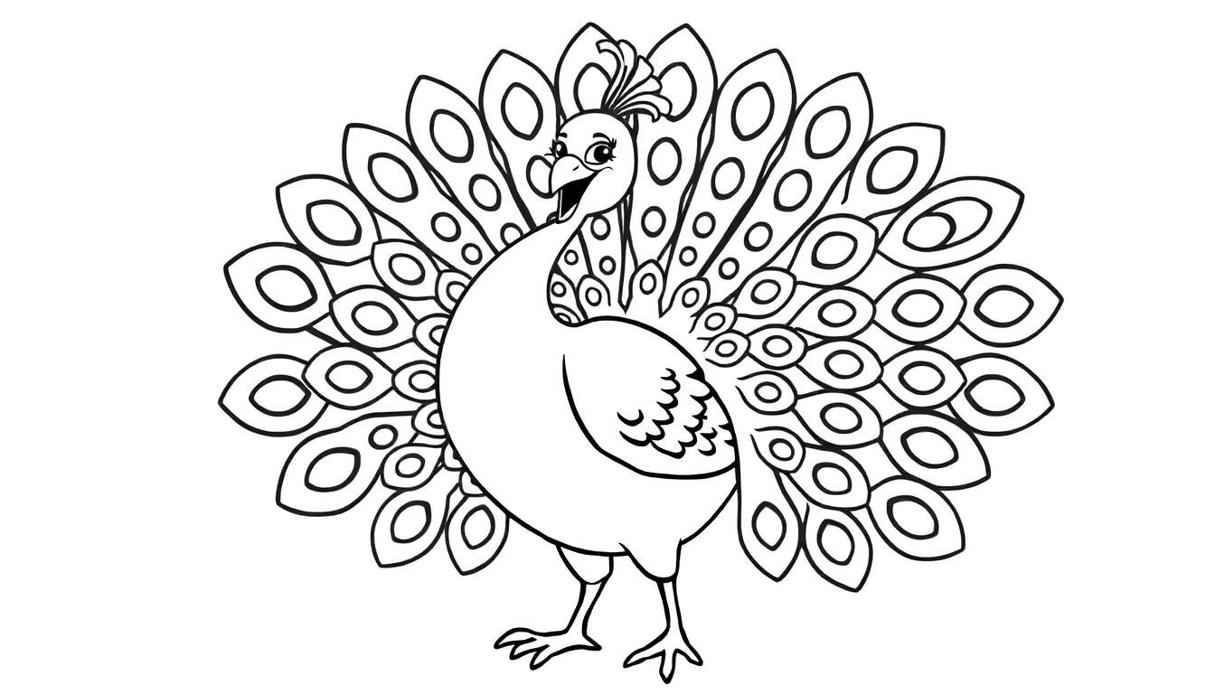 Pavo real sonriente con plumas extendidas, listo para colorear en una placa de color.