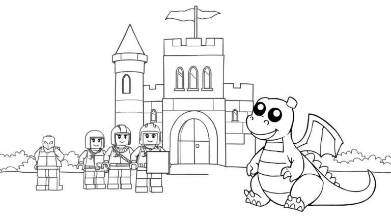 Una página para colorear de un castillo de Lego con caballeros y un dragón amigable.