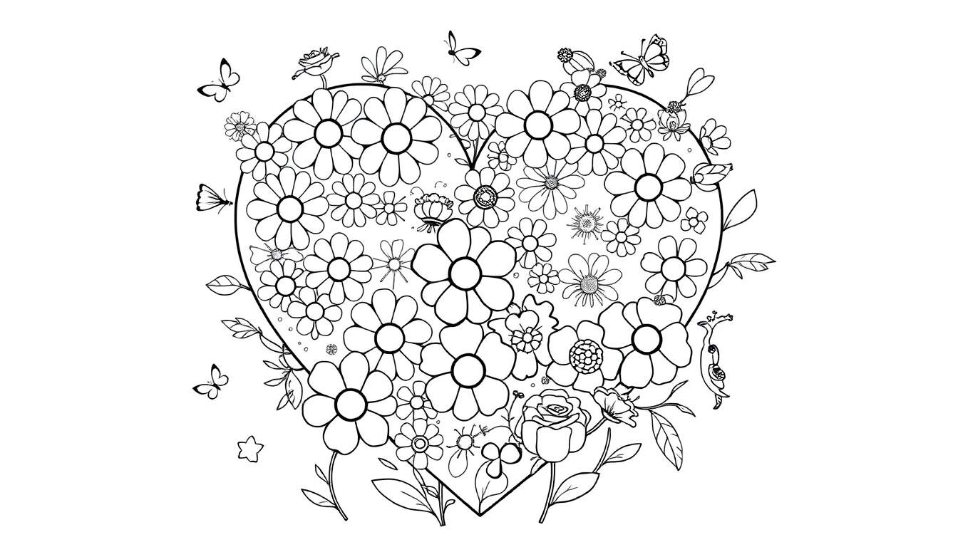 Placa de color corazón de flores y mariposas para colorear.