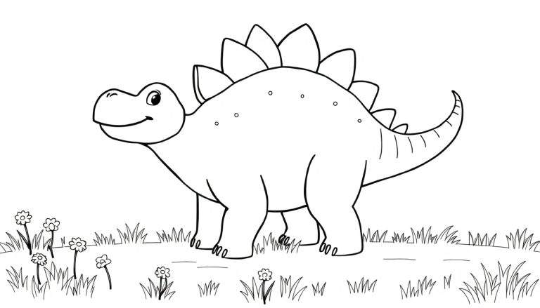Un dibujo de un Estegosaurio amigable con placas dorsales, listo para colorear, con una placa de color por descubrir.