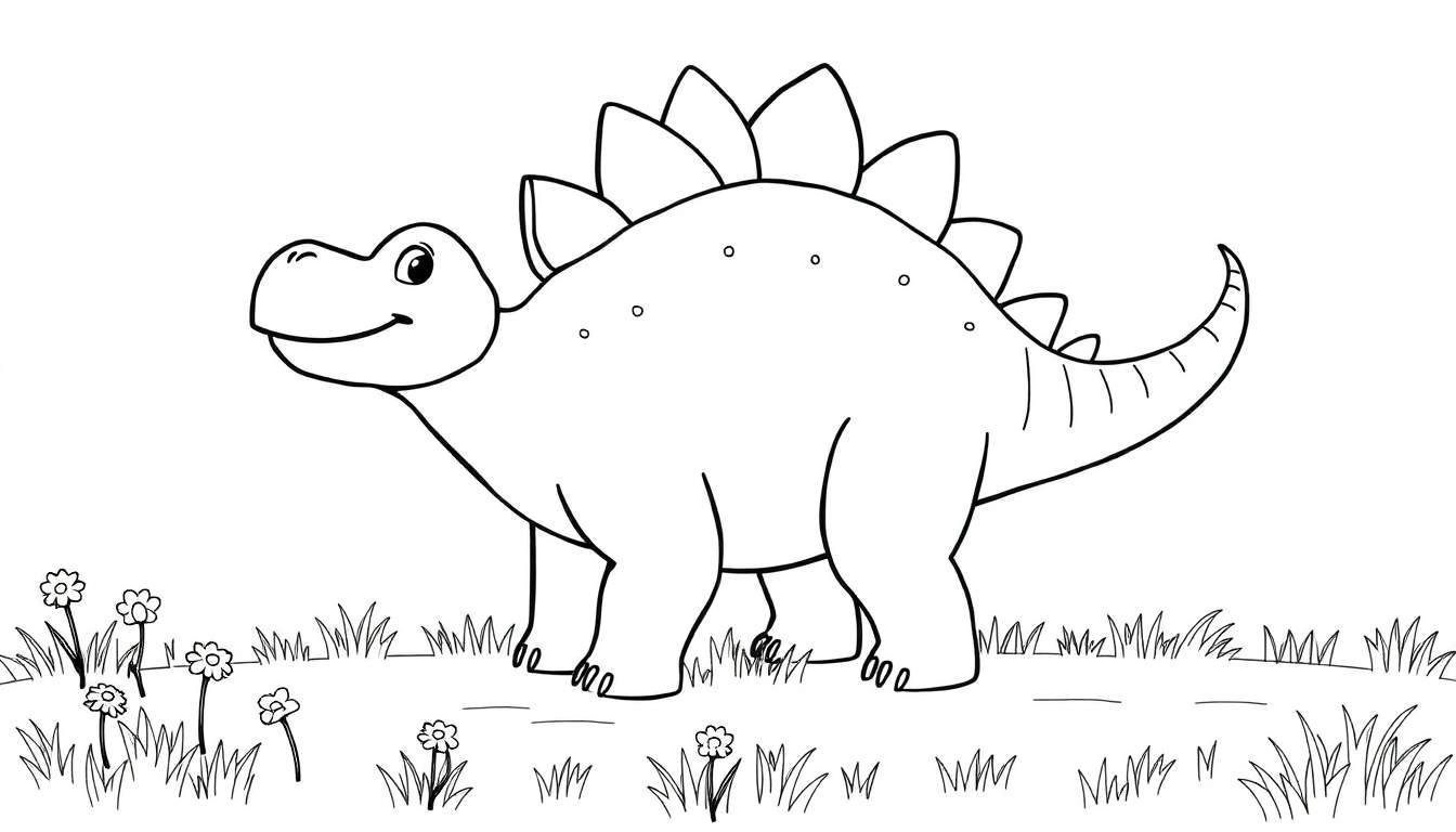 Un dibujo de un Estegosaurio amigable con placas dorsales, listo para colorear, con una placa de color por descubrir.
