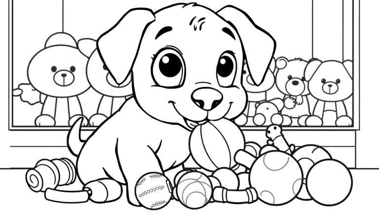 Un cachorro adorable elige juguetes en Viernes Negro, una placa para colorear en blanco y negro.