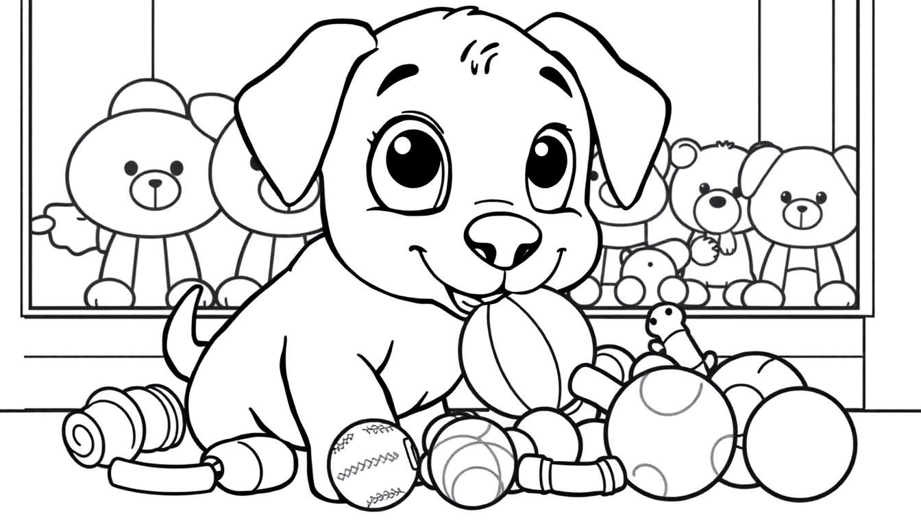 Un cachorro adorable elige juguetes en Viernes Negro, una placa para colorear en blanco y negro.