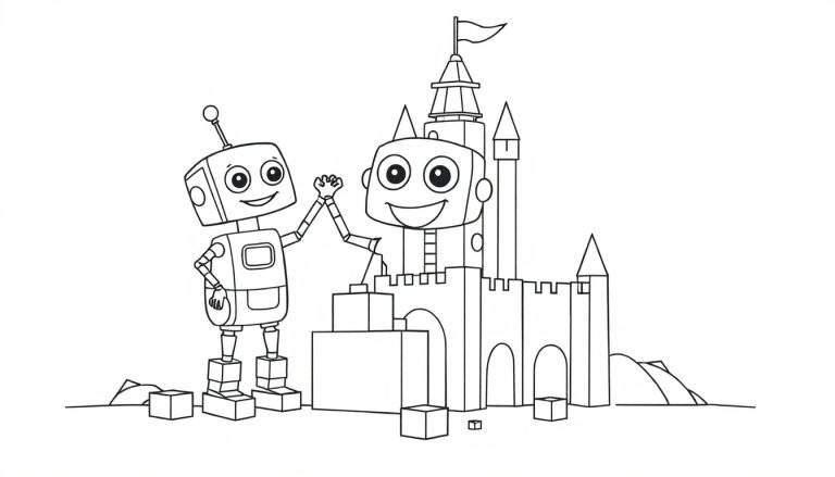 Un pequeño robot con antena da la mano a un robot más grande que está en lo alto de un castillo de bloques. Página para colorear de una placa de color.