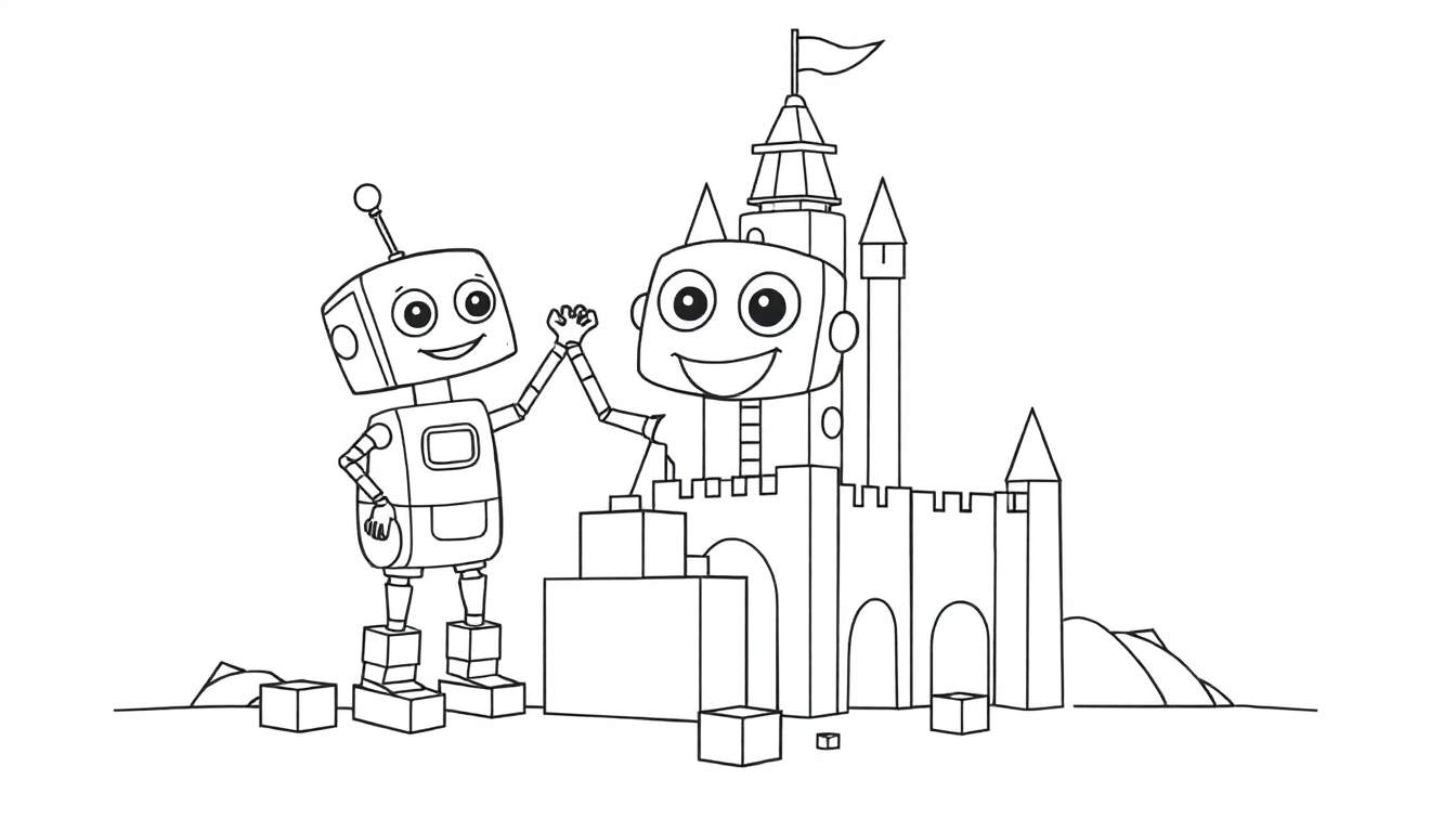 Un pequeño robot con antena da la mano a un robot más grande que está en lo alto de un castillo de bloques. Página para colorear de una placa de color.