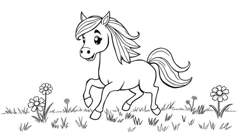 Caballo de dibujos animados corriendo en un campo de hierba con flores, página para colorear en blanco y negro.