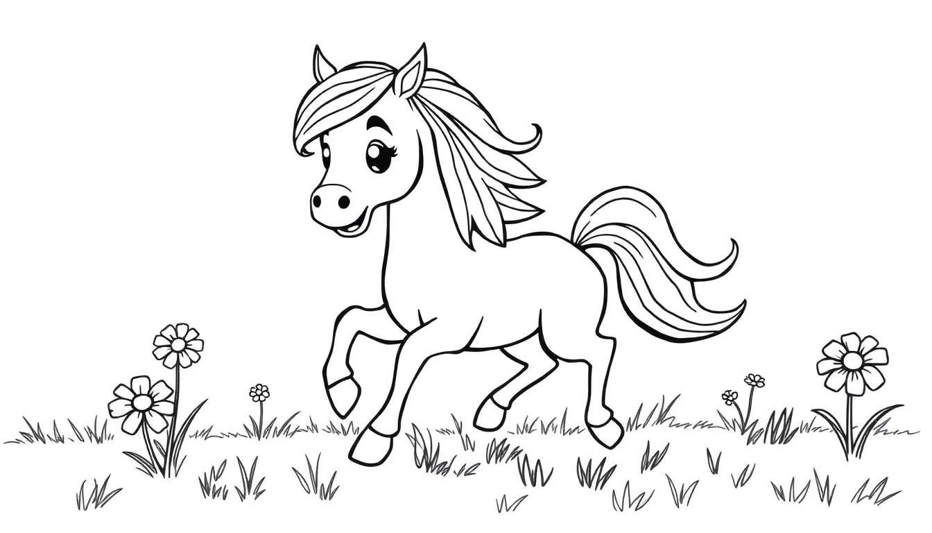 Caballo de dibujos animados corriendo en un campo de hierba con flores, página para colorear en blanco y negro.