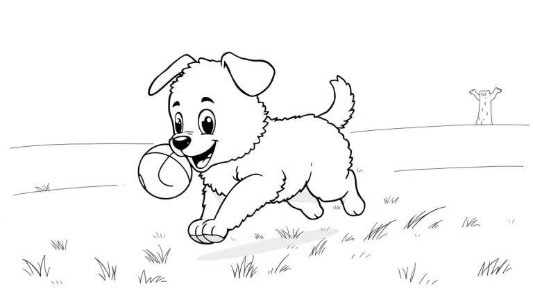 Perro cachorro corriendo con una pelota en la boca, dibujo para colorear de una placa.