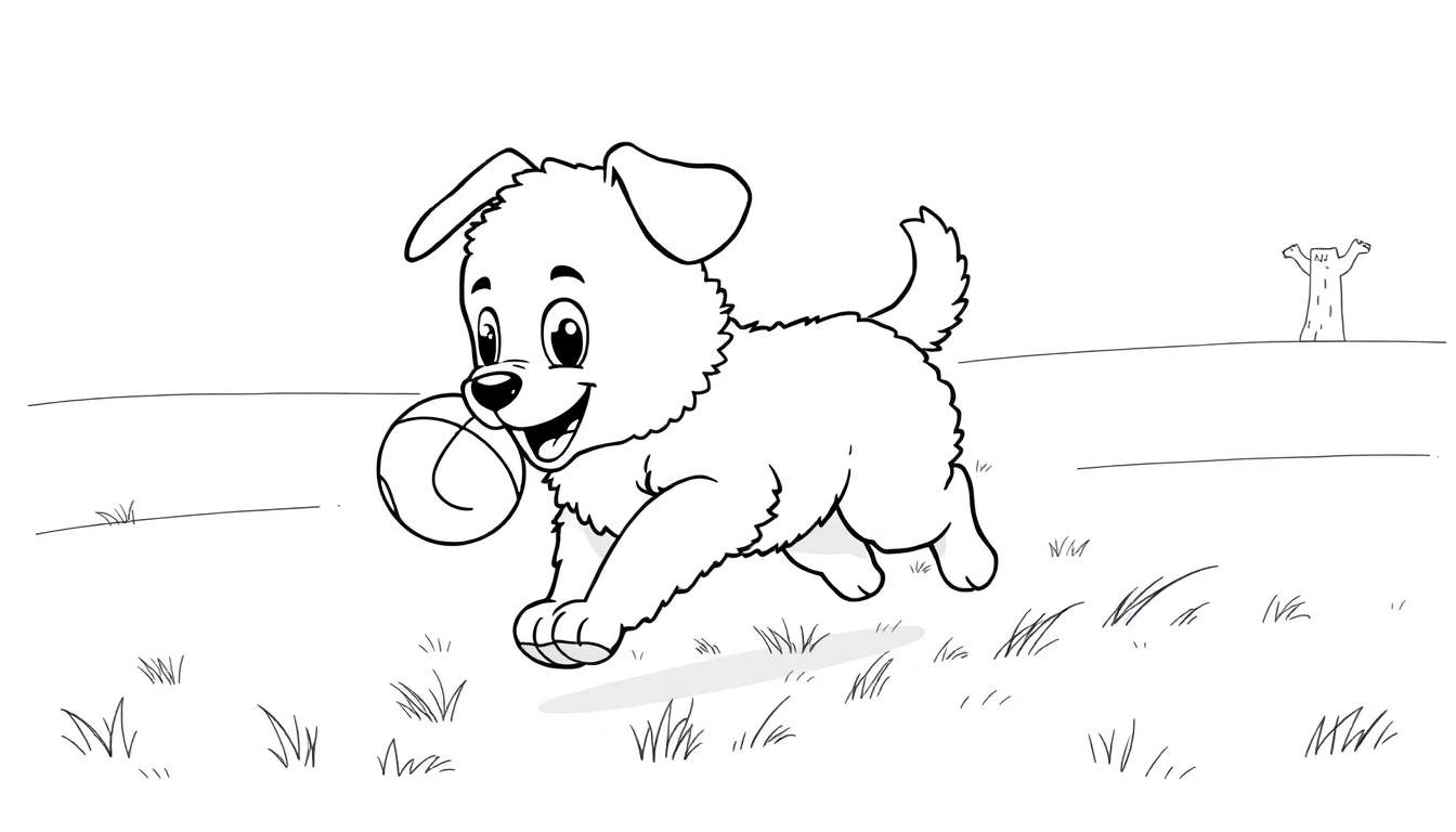 Perro cachorro corriendo con una pelota en la boca, dibujo para colorear de una placa.