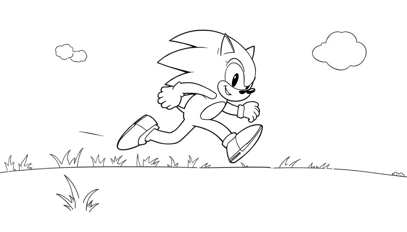 Placa de color de Sonic corriendo rápido por un paisaje verde.