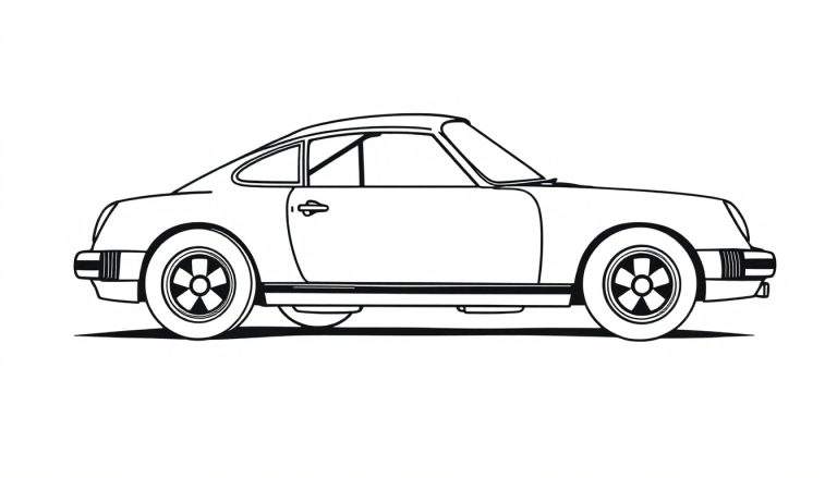 Dibujo lineal de un coche deportivo Porsche 911 clásico listo para colorear y añadirle tu placa de color favorita.