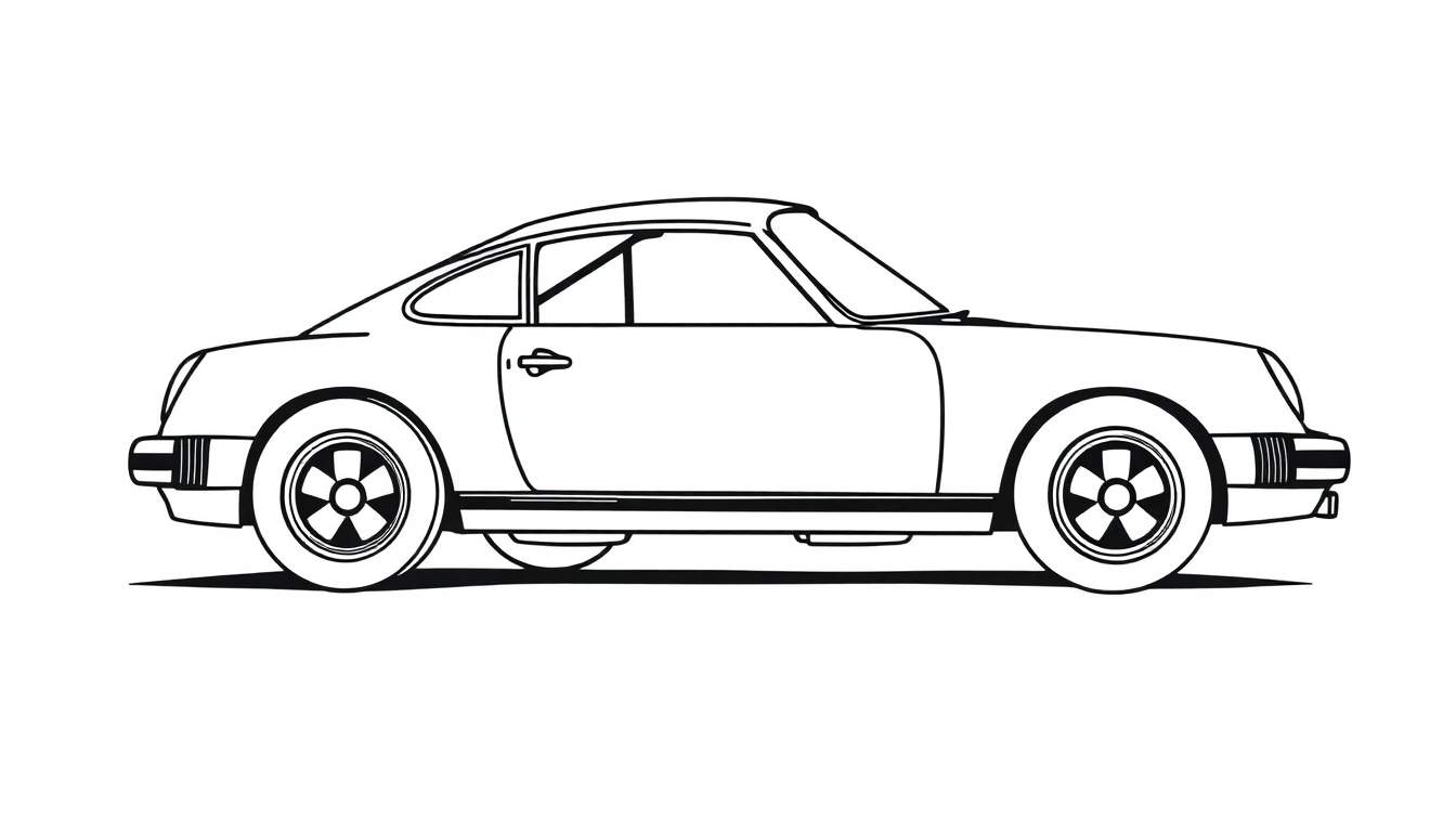 Dibujo lineal de un coche deportivo Porsche 911 clásico listo para colorear y añadirle tu placa de color favorita.