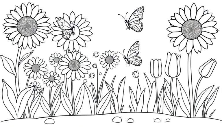 Placa de jardín para colorear con flores y mariposas.