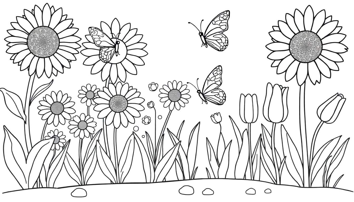 Placa de jardín para colorear con flores y mariposas.