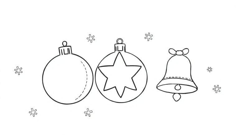 Una página para colorear con la placa de color de adornos navideños, incluyendo dos bolas y una campana.