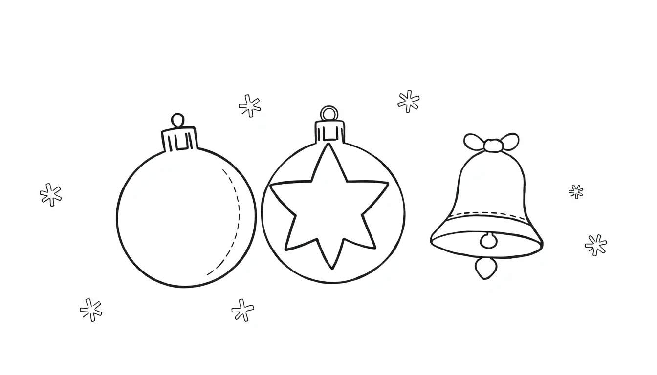 Una página para colorear con la placa de color de adornos navideños, incluyendo dos bolas y una campana.