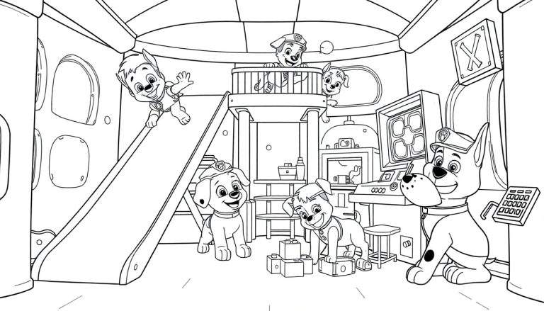 Dibujo para colorear de cachorros de Paw Patrol jugando en su sede con tobogán, balcón y bloques, listo para añadir color a esta placa.