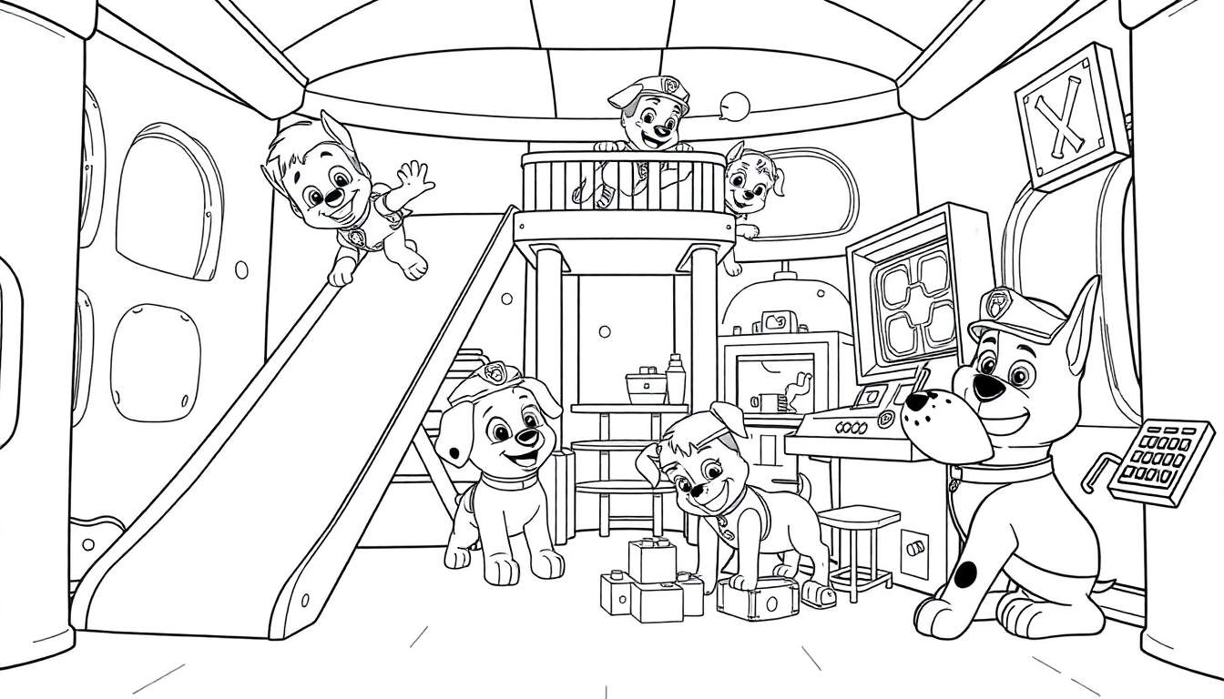 Dibujo para colorear de cachorros de Paw Patrol jugando en su sede con tobogán, balcón y bloques, listo para añadir color a esta placa.