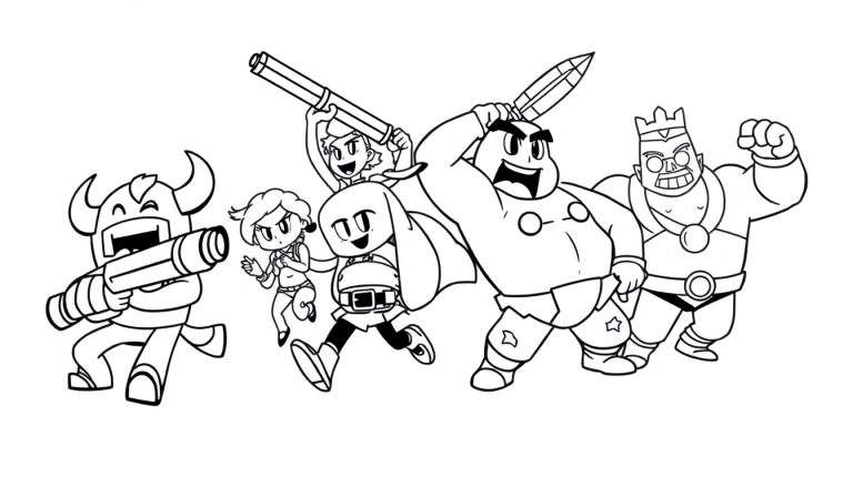 Página para colorear de Brawl Stars con cinco personajes de dibujos animados en blanco y negro en poses de acción, incluyendo un vikingo, una heroína, un personaje con túnica, un guerrero y un rey.