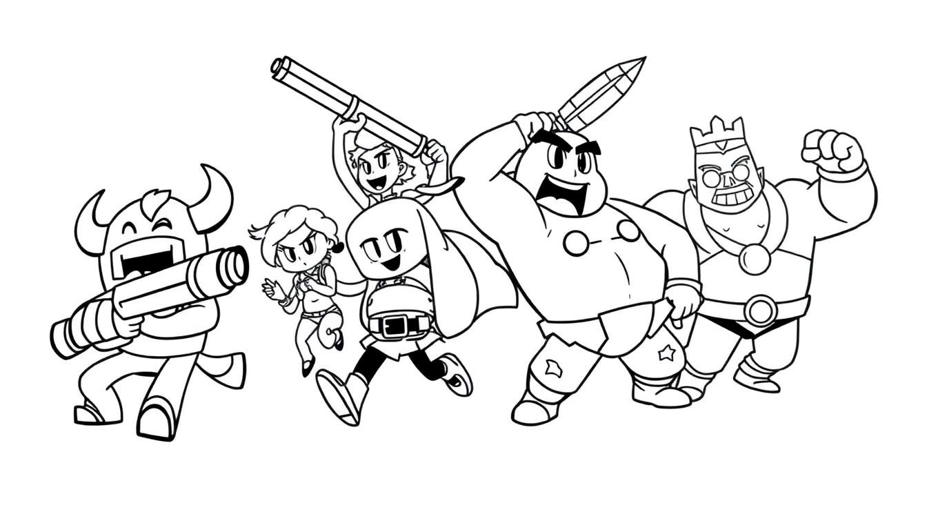 Página para colorear de Brawl Stars con cinco personajes de dibujos animados en blanco y negro en poses de acción, incluyendo un vikingo, una heroína, un personaje con túnica, un guerrero y un rey.