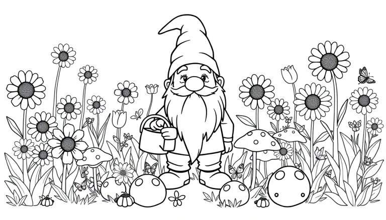 Página para colorear de un gnomo de jardín amigable con una canasta de huevos de Pascua, rodeado de flores y setas, con mariposas.