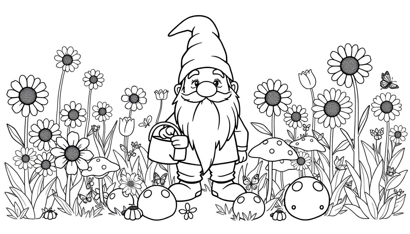 Página para colorear de un gnomo de jardín amigable con una canasta de huevos de Pascua, rodeado de flores y setas, con mariposas.