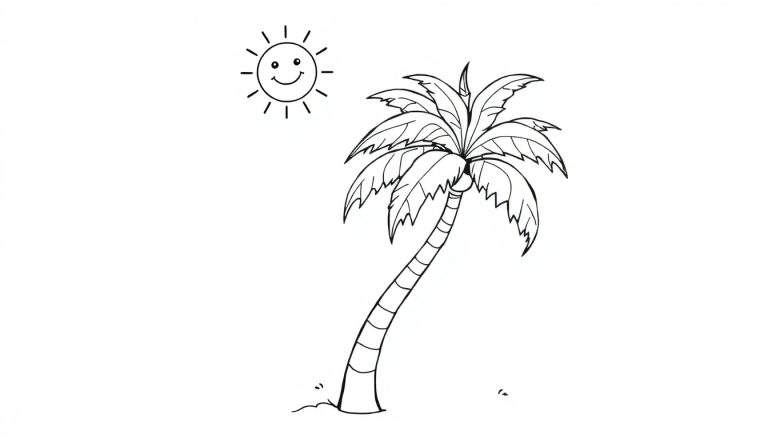 Una página para colorear en blanco y negro de una palmera bailando bajo un sol sonriente. La palmera tiene un tronco con anillos y hojas puntiagudas. El suelo tiene marcas que sugieren arena.