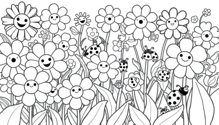 Placa de color: Un dibujo lineal en blanco y negro de un jardín con flores sonrientes y mariquitas curiosas, listo para colorear.